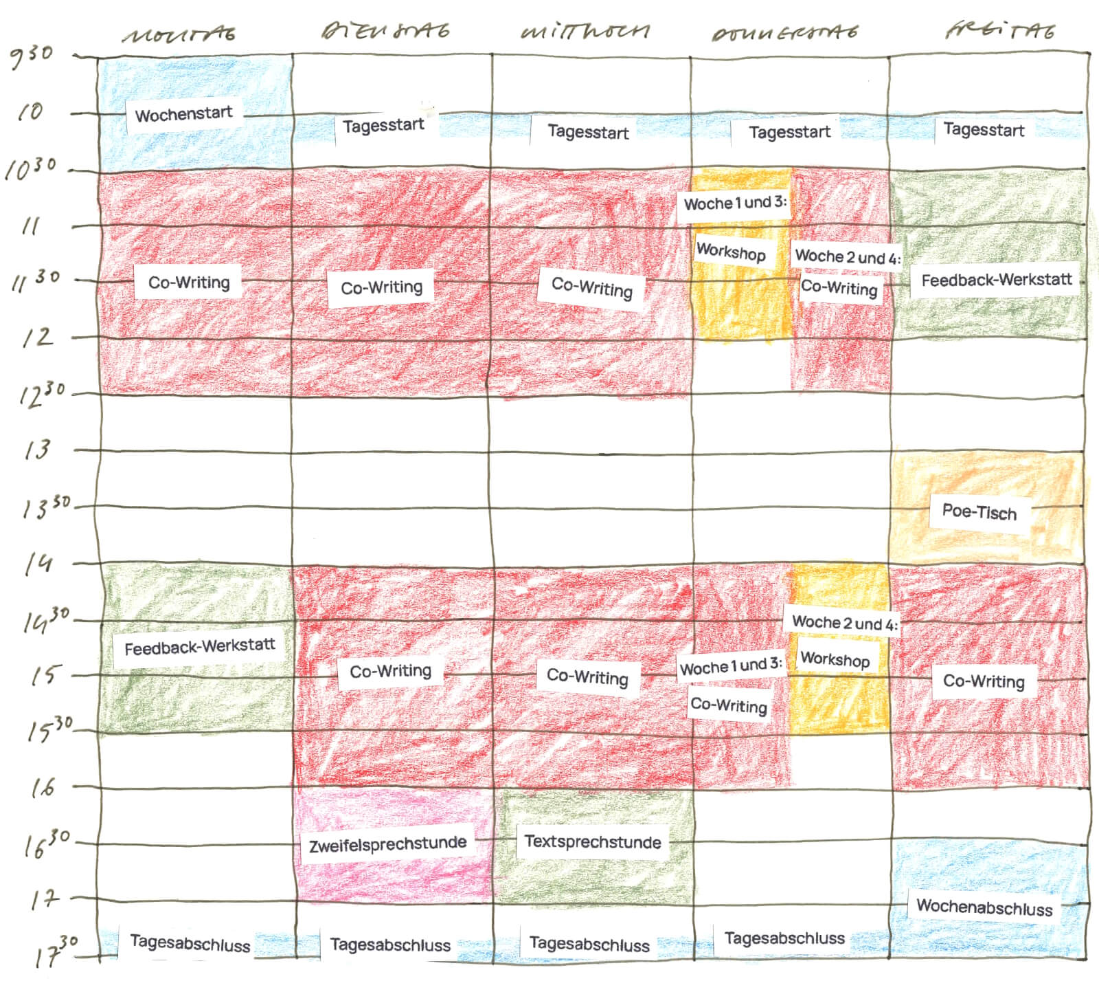 ein von Hand gezeichneter Wochenplan