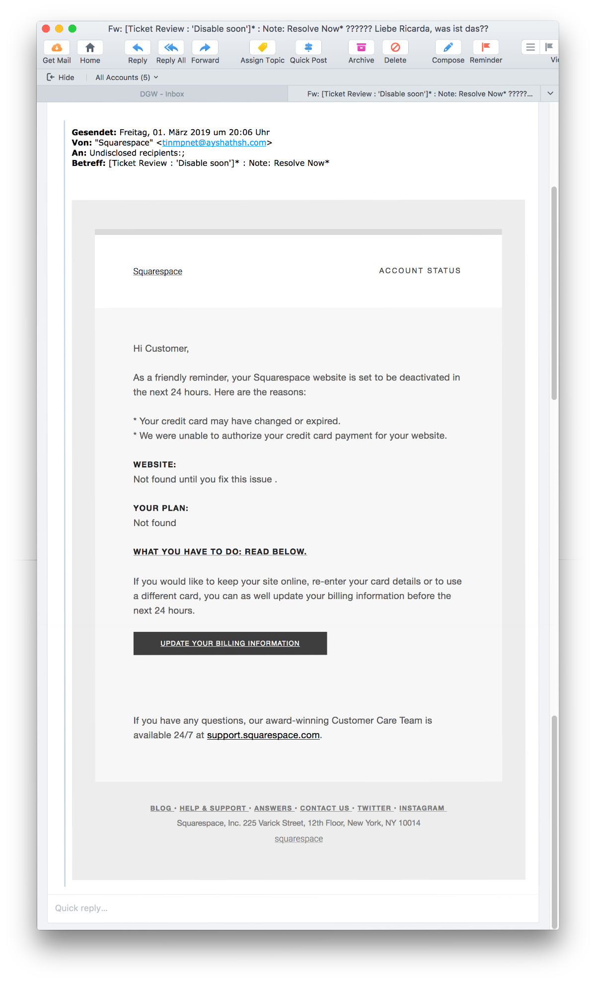 Spam Mail, die angeblich von Squarespace kommt