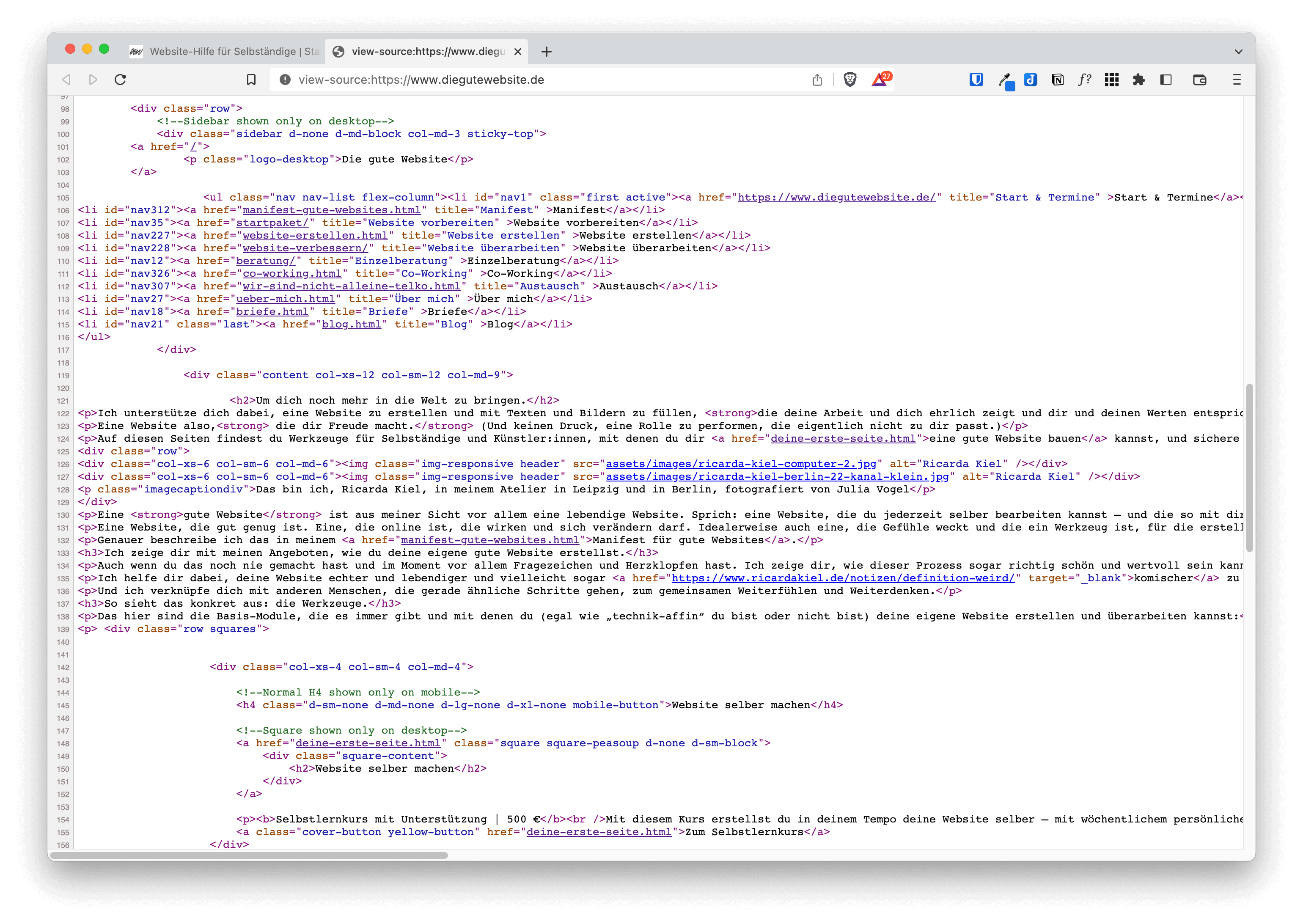 Screenshot HTML Ansicht Startseite