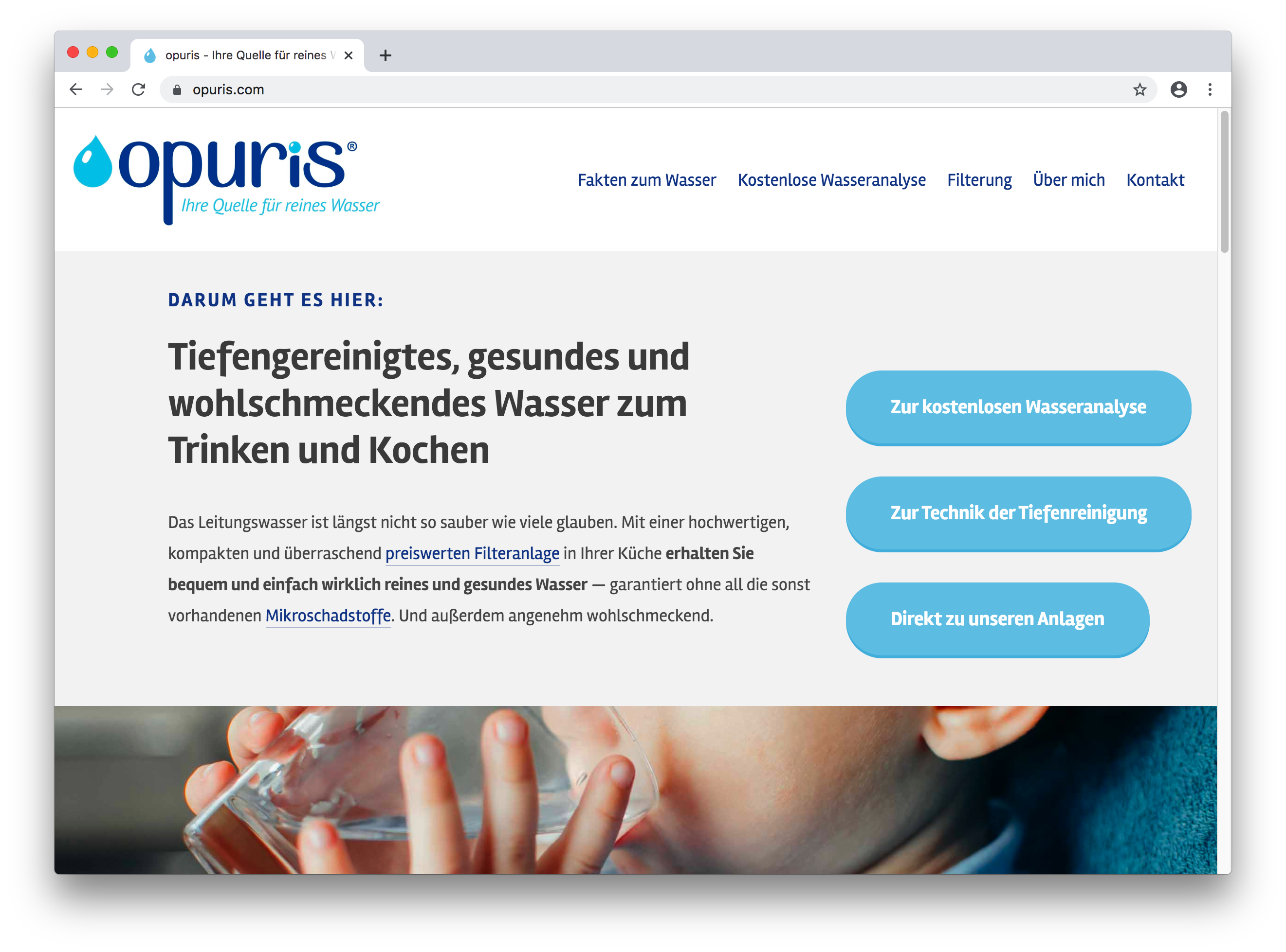 Screenshot der Website der Wasserfilterung Opuris